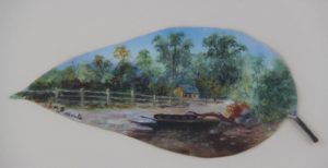 Early Australian  painted Gum Leaf  ” Farm house & post& rail Fence “